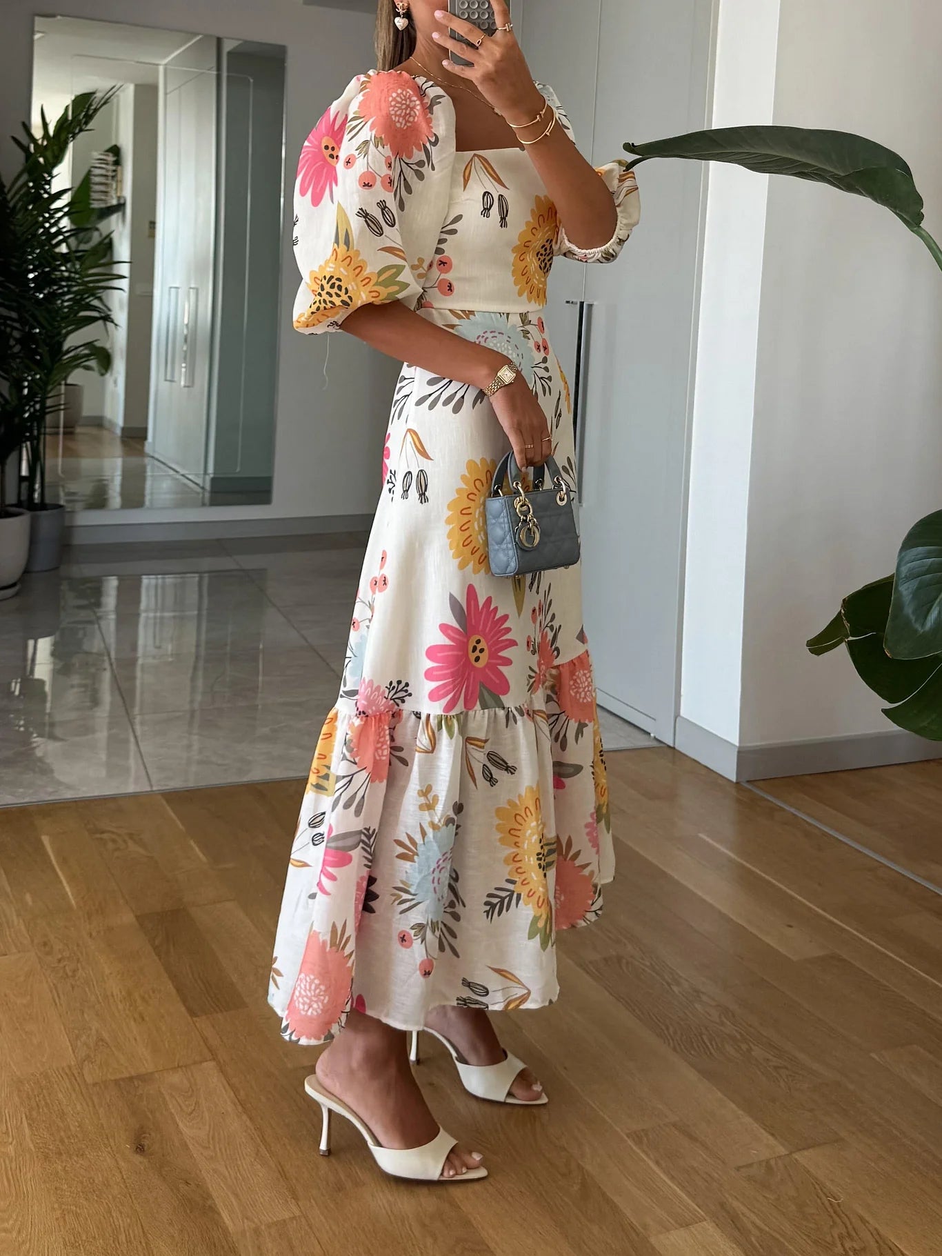 Solaria™ – Midi-Kleid mit Puffärmeln und Blumenmuster