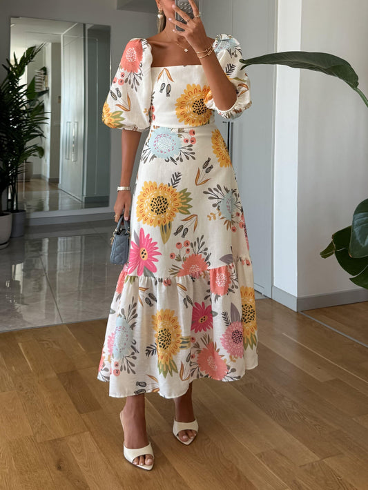 Solaria™ – Midi-Kleid mit Puffärmeln und Blumenmuster