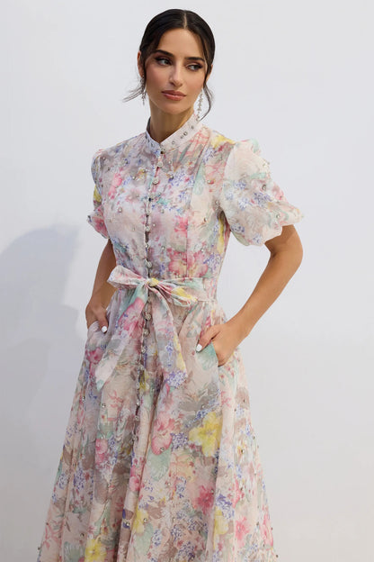 Anne™ - Blumendruck Puffärmeln Maxikleid