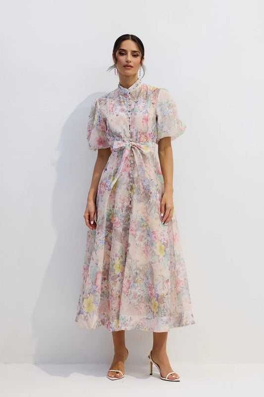 Anne™ - Blumendruck Puffärmeln Maxikleid